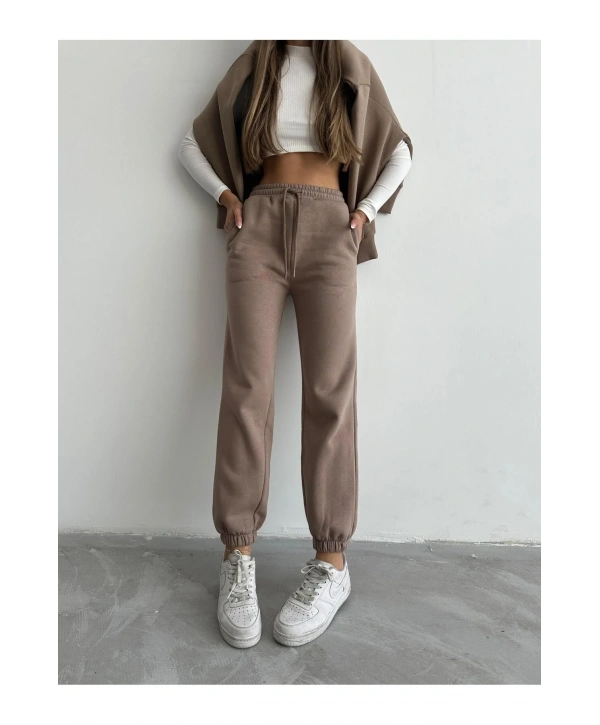 3 iplik şardonlu paça lastikli eşofman vizon is001