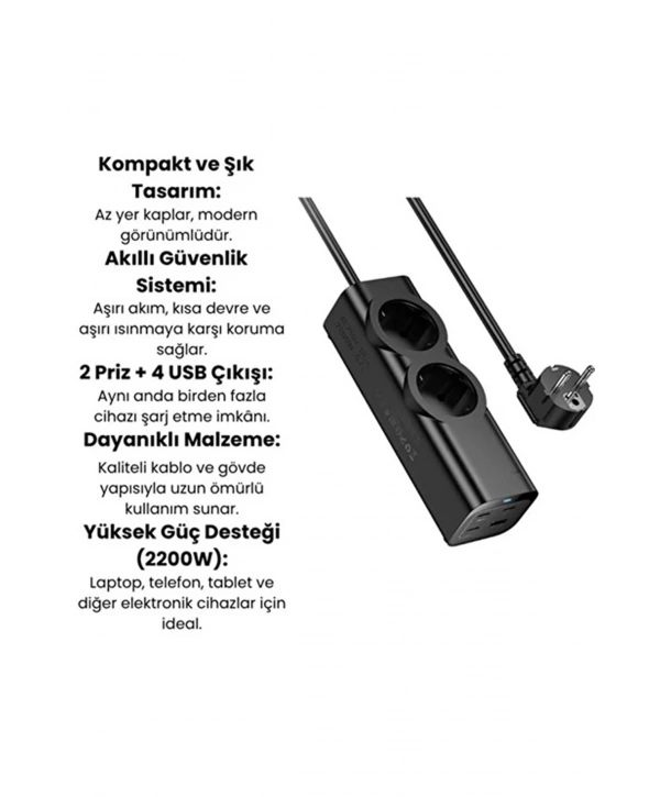 67w Hızlı Şarjlı Akıllı Çoklu Priz – 2000w Güç, 2 Usb-c + 2 Usb-a Çıkışlı, Telefon & Laptop Uyumlu