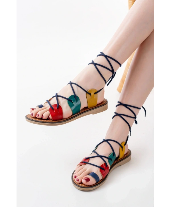 205-01 Multi Bilekten Bağlamalı Ortopedik Hakiki Deri Kadın Sandalet