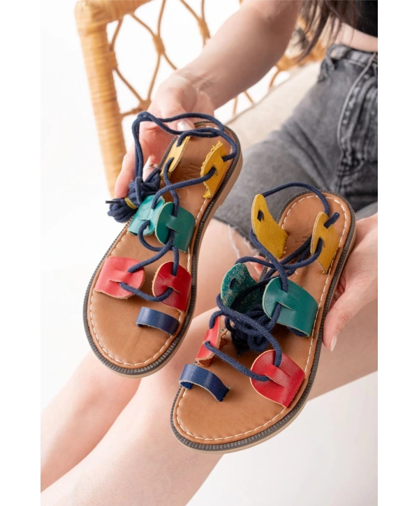 205-01 Multi Bilekten Bağlamalı Ortopedik Hakiki Deri Kadın Sandalet