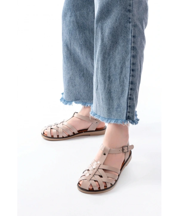 205-02 Bej Ortopedik Hakiki Deri Kadın Sandalet