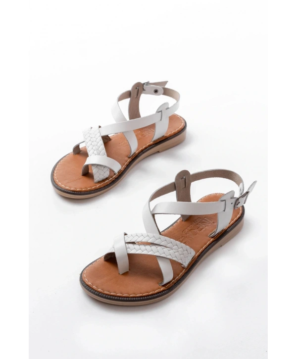 205-09 Beyaz Ortopedik Hakiki Deri Kadın Sandalet