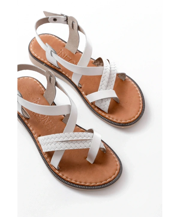 205-09 Beyaz Ortopedik Hakiki Deri Kadın Sandalet