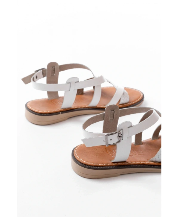 205-09 Beyaz Ortopedik Hakiki Deri Kadın Sandalet
