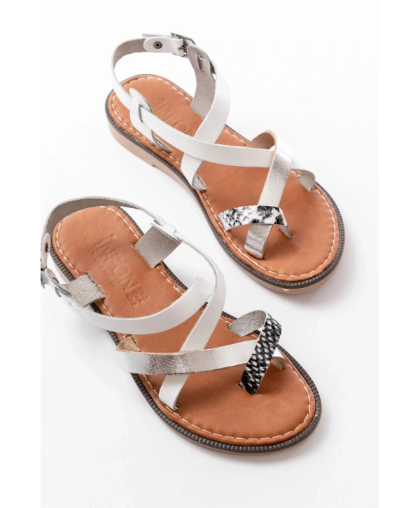 205-08 Beyaz Garni  Ortopedik Hakiki Deri Kadın Sandalet