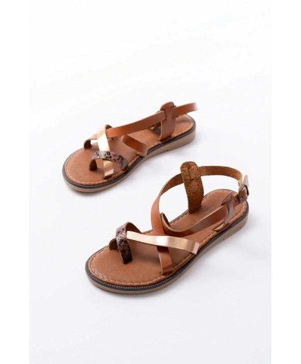 205-08 Taba Garni  Ortopedik Hakiki Deri Kadın Sandalet