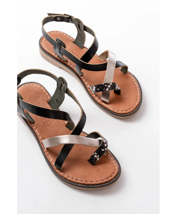 205-08 Siyah Garni  Ortopedik Hakiki Deri Kadın Sandalet