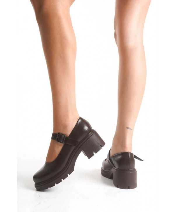 K-708 Kahve Kırışık Rugan Tokalı Yüksek Tabanlı Loafer Ayakkabı