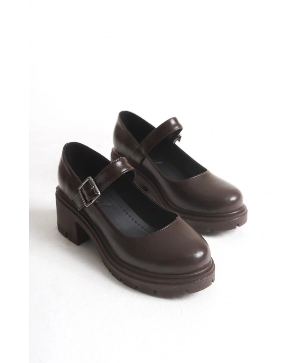 K-708 Kahve Kırışık Rugan Tokalı Yüksek Tabanlı Loafer Ayakkabı