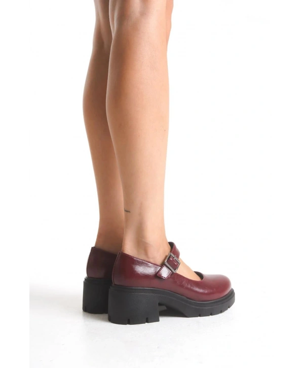 K-708 Bordo Kırışık Rugan Tokalı Yüksek Tabanlı Loafer Ayakkabı