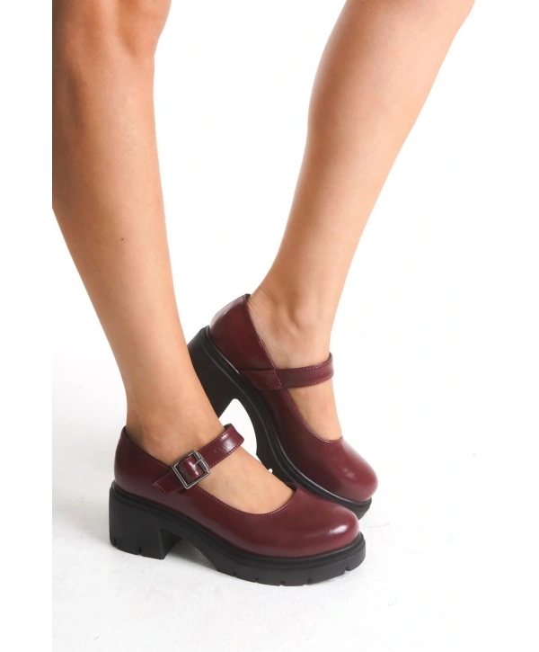 K-708 Bordo Kırışık Rugan Tokalı Yüksek Tabanlı Loafer Ayakkabı