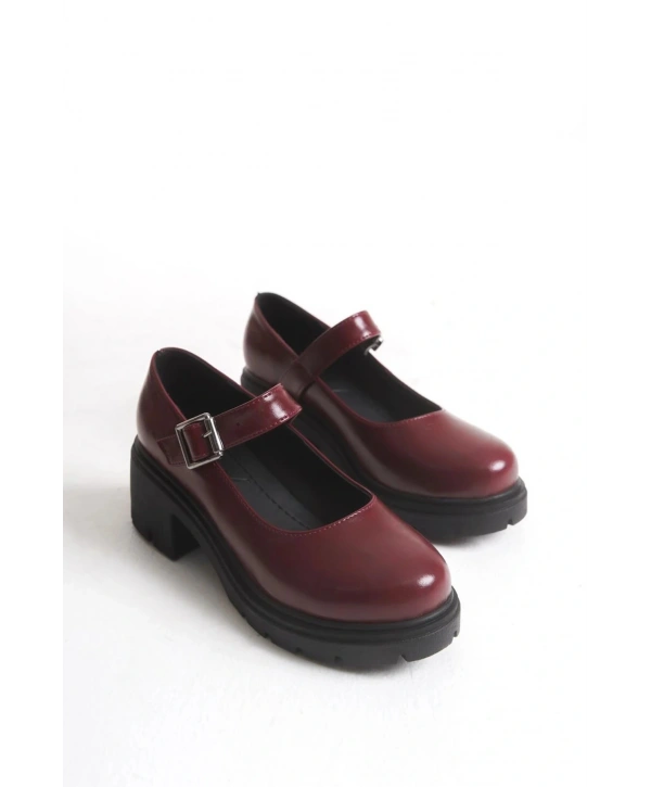 K-708 Bordo Kırışık Rugan Tokalı Yüksek Tabanlı Loafer Ayakkabı