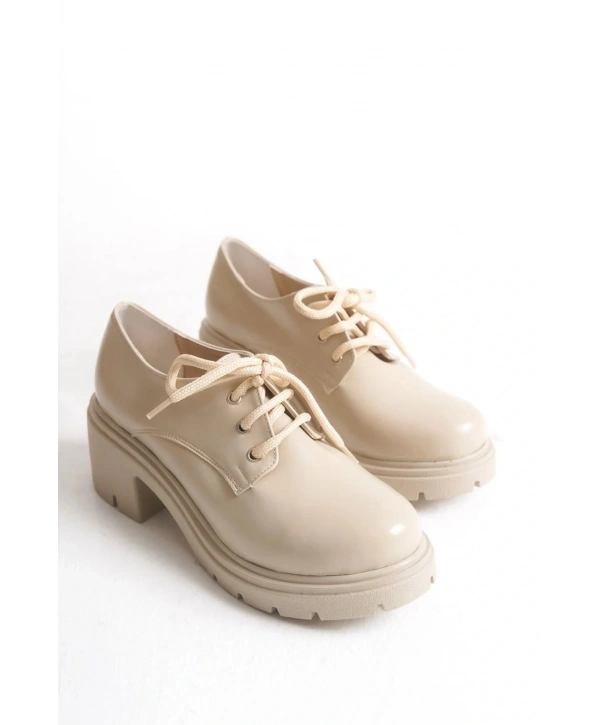 K-707 Bej Kırışık Rugan Yüksek Tabanlı Bağcıklı  Loafer Ayakkabı