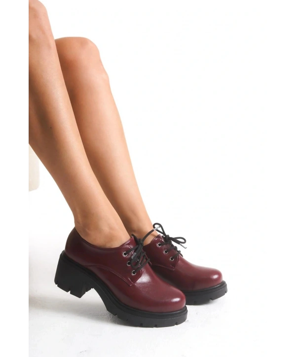 K-707 Bordo Kırışık Rugan Yüksek Tabanlı Bağcıklı  Loafer Ayakkabı