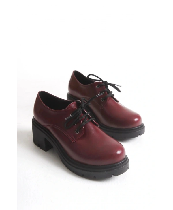 K-707 Bordo Kırışık Rugan Yüksek Tabanlı Bağcıklı  Loafer Ayakkabı