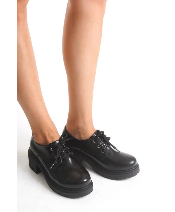 K-707 Siyah Kırışık Rugan Yüksek Tabanlı Bağcıklı  Loafer Ayakkabı