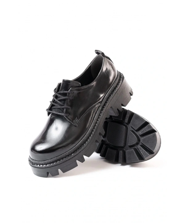 868-754 Siyah Rugan Bağcıklı Günlük Yüksek Tabanlı Loafer Ayakkabı