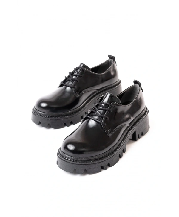 868-754 Siyah Rugan Bağcıklı Günlük Yüksek Tabanlı Loafer Ayakkabı