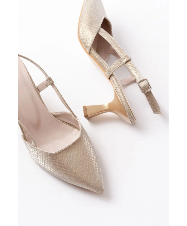 725 Gold Pul Desenli Sivri Burunlu  Topuklu Kadın Ayakkabı