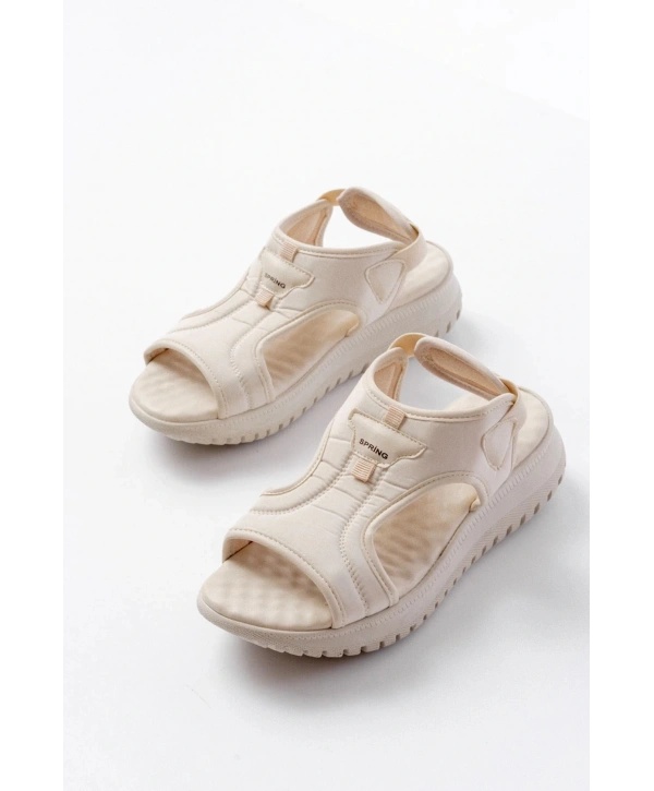 T-221 Bej  Spring Paraşüt Kumaş Lastikli Ortopedik Kadın Sandalet