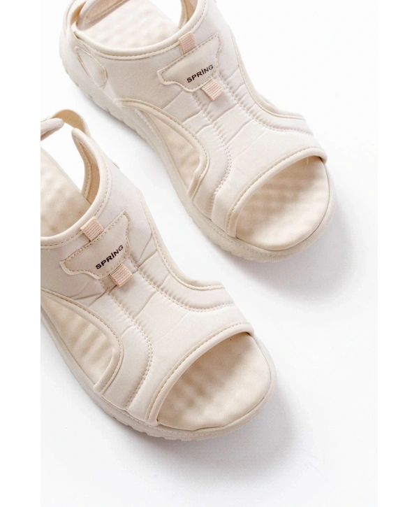 T-221 Bej  Spring Paraşüt Kumaş Lastikli Ortopedik Kadın Sandalet