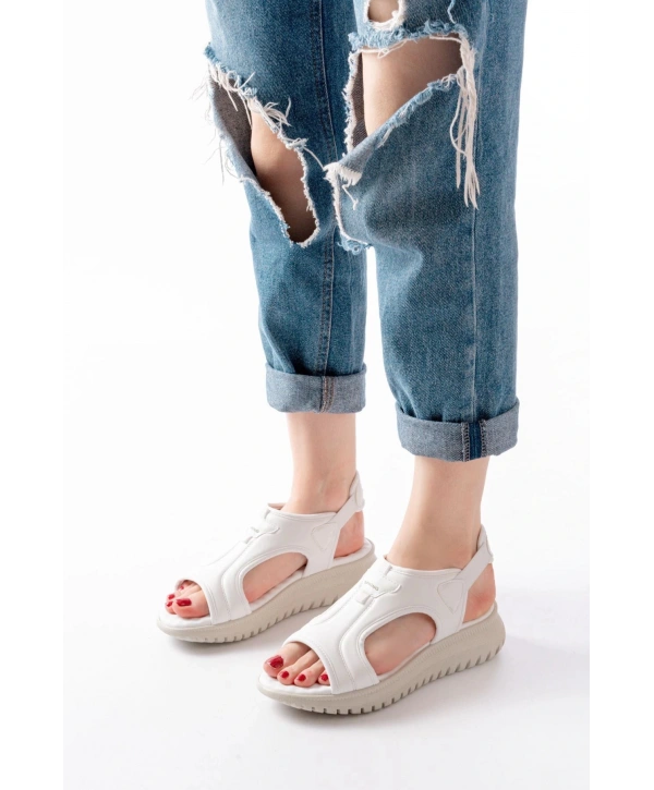 T-221 Beyaz  Spring Paraşüt Kumaş Lastikli Ortopedik Kadın Sandalet