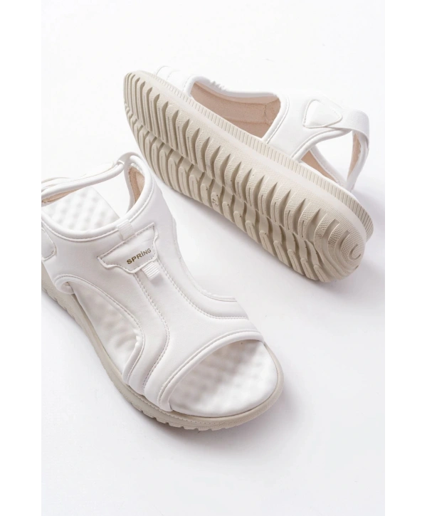 T-221 Beyaz  Spring Paraşüt Kumaş Lastikli Ortopedik Kadın Sandalet