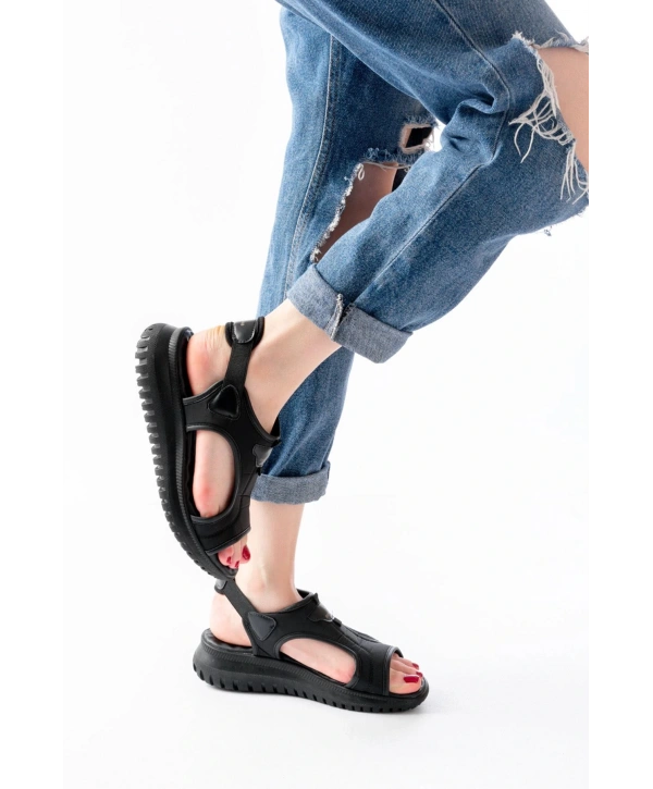 T-221 Siyah Spring Paraşüt Kumaş Lastikli Ortopedik Kadın Sandalet