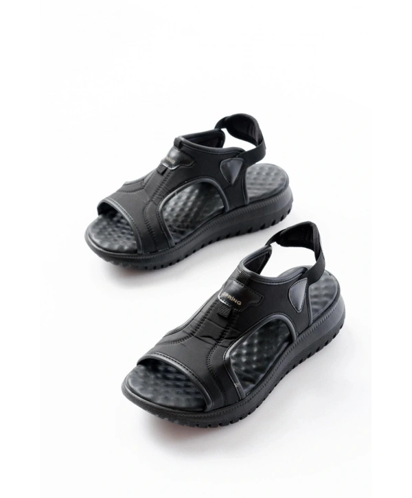 T-221 Siyah Spring Paraşüt Kumaş Lastikli Ortopedik Kadın Sandalet