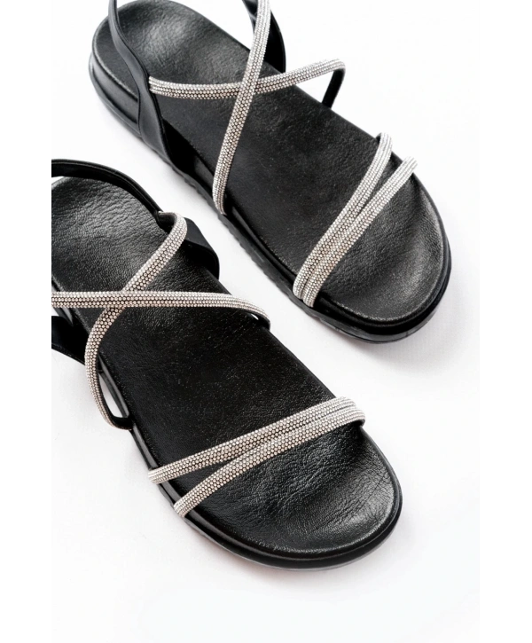 1001-1105 Siyah Gümüş Taşlı Günlük Kadın Sandalet