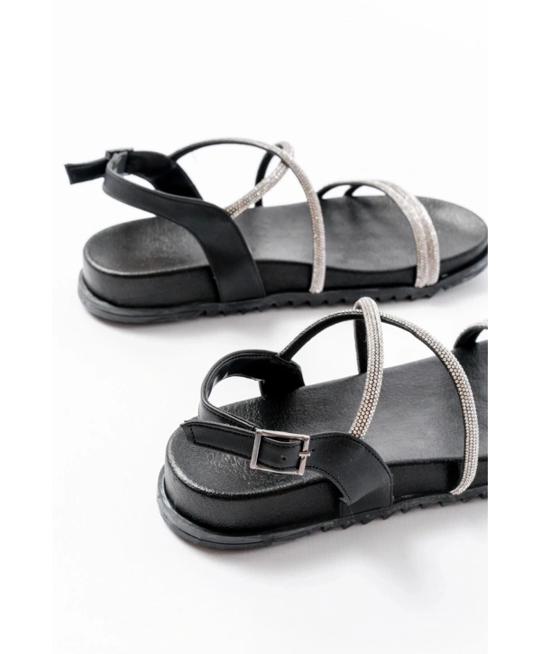 1001-1105 Siyah Gümüş Taşlı Günlük Kadın Sandalet