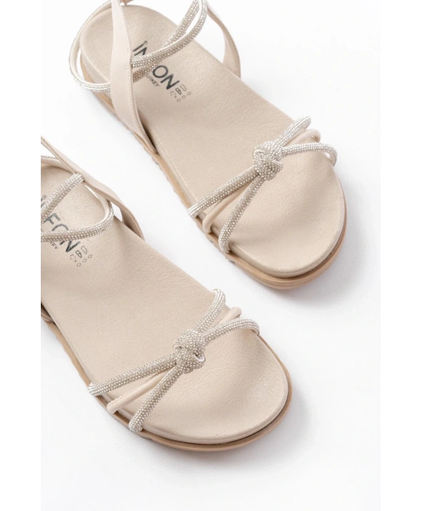 1001-1120 Bej Gümüş Taşlı Günlük Kadın Sandalet