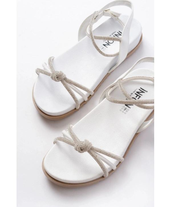 1001-1120 Beyaz Gümüş Taşlı Günlük Kadın Sandalet