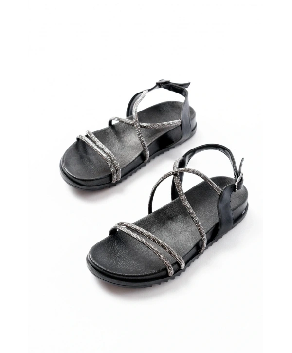 1001-1105 Siyah Platin Taşlı Günlük Kadın Sandalet