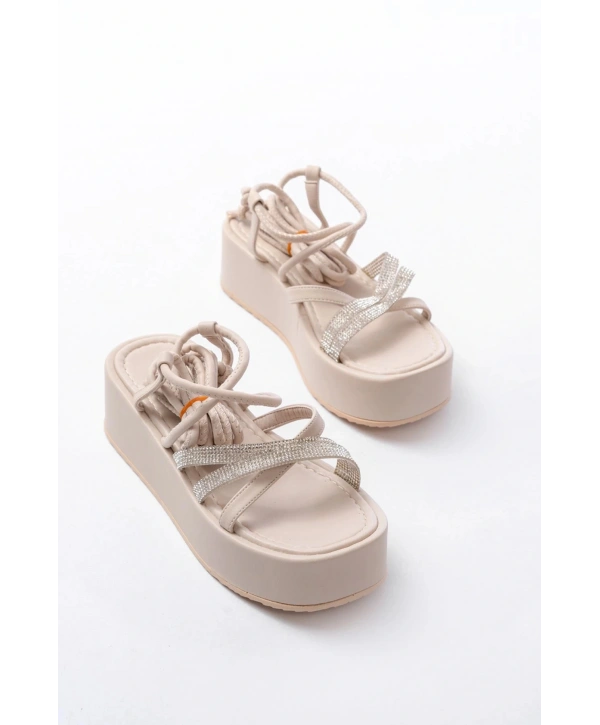 861-1010 Bej Gümüş Taşlı Bilekten Bağlamalı Kadın Sandalet