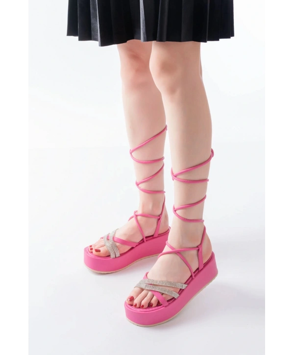 861-1010 Fuşya Gümüş Taşlı Bilekten Bağlamalı Kadın Sandalet