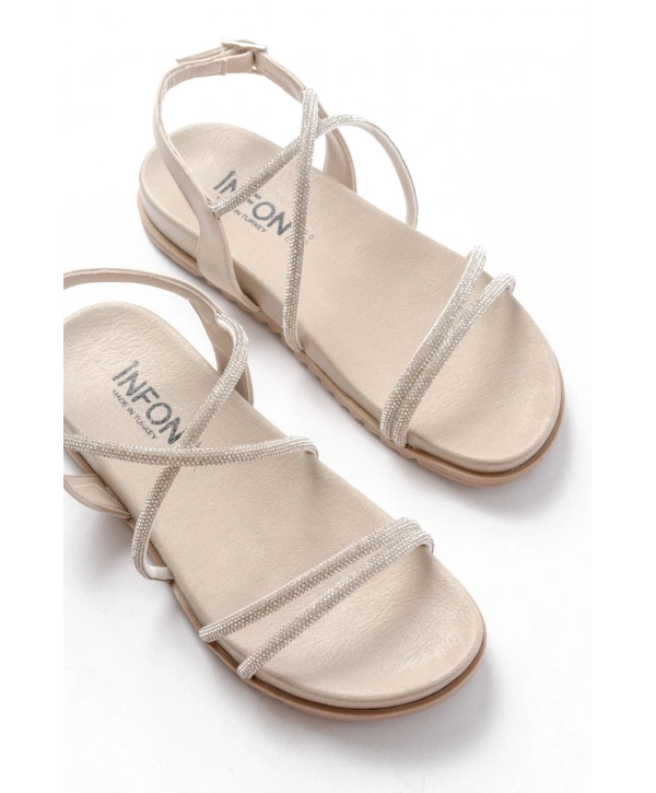 1001-1105 Bej Gümüş Taşlı Günlük Kadın Sandalet