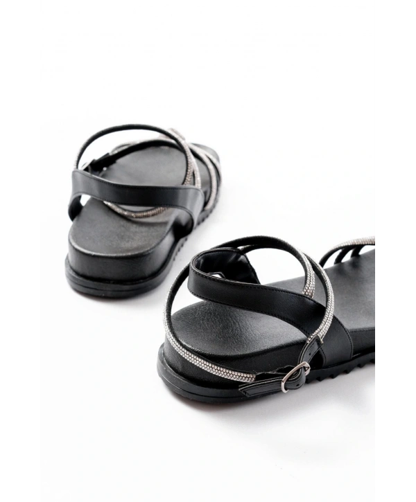 1001-1120 Siyah Gümüş Taşlı Günlük Kadın Sandalet