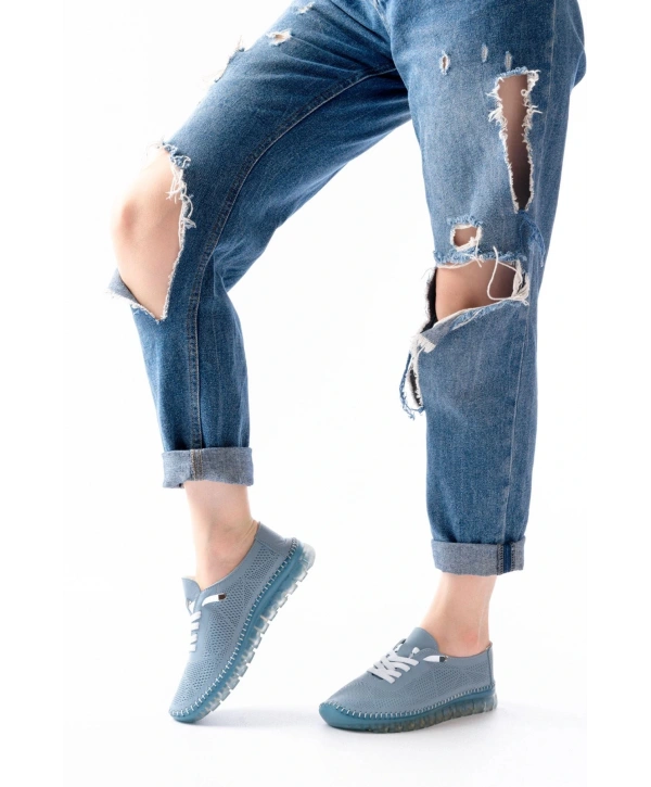 S-365  Mavi Desenli Hakiki Deri Şeffaf Taban Kadın Spor Ayakkabı