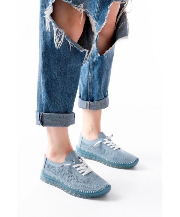 S-365  Mavi Desenli Hakiki Deri Şeffaf Taban Kadın Spor Ayakkabı