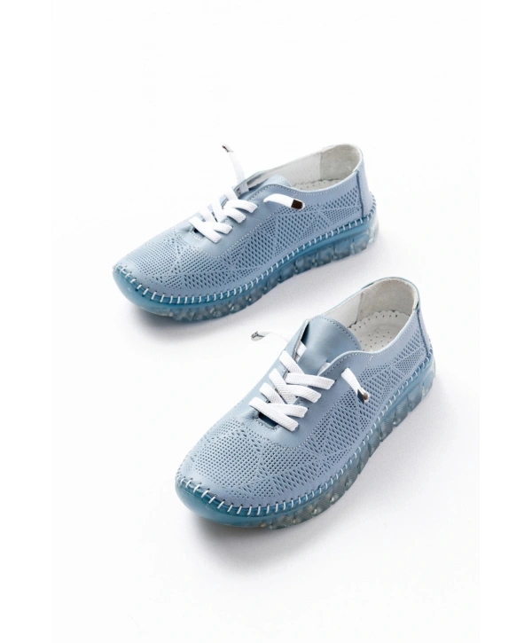 S-365  Mavi Desenli Hakiki Deri Şeffaf Taban Kadın Spor Ayakkabı