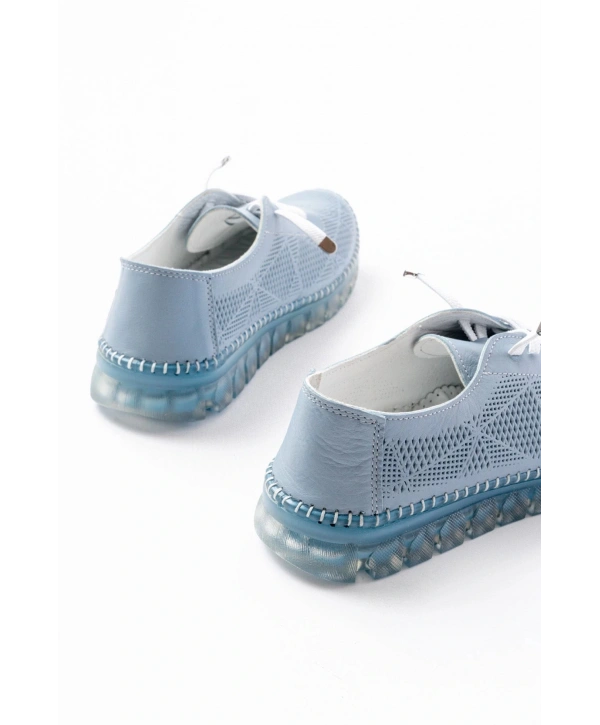 S-365  Mavi Desenli Hakiki Deri Şeffaf Taban Kadın Spor Ayakkabı