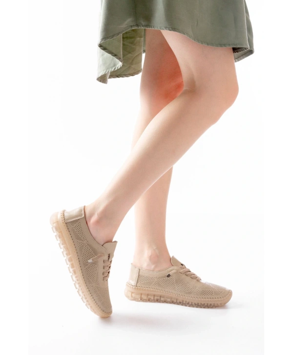 S-365  Bej Desenli Hakiki Deri Şeffaf Taban Kadın Spor Ayakkabı