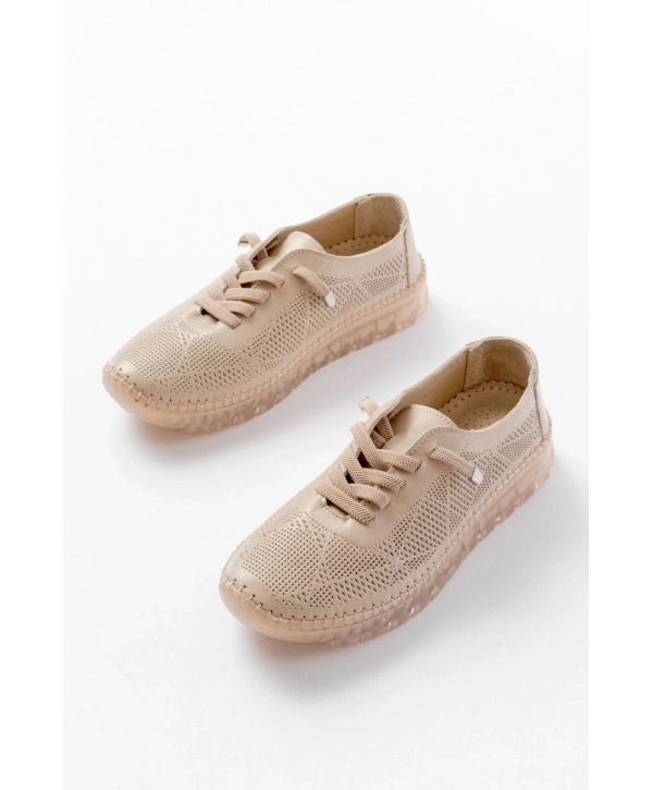 S-365  Bej Desenli Hakiki Deri Şeffaf Taban Kadın Spor Ayakkabı