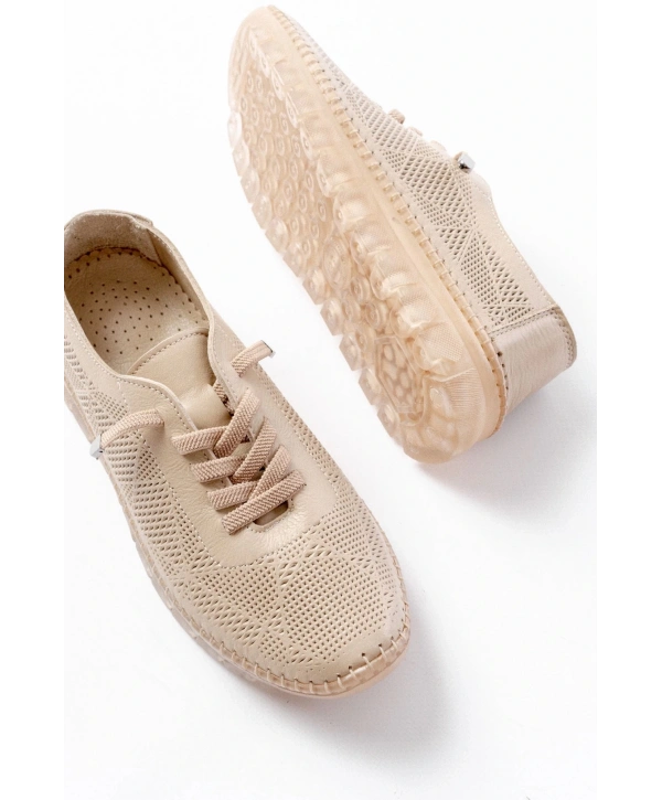 S-365  Bej Desenli Hakiki Deri Şeffaf Taban Kadın Spor Ayakkabı