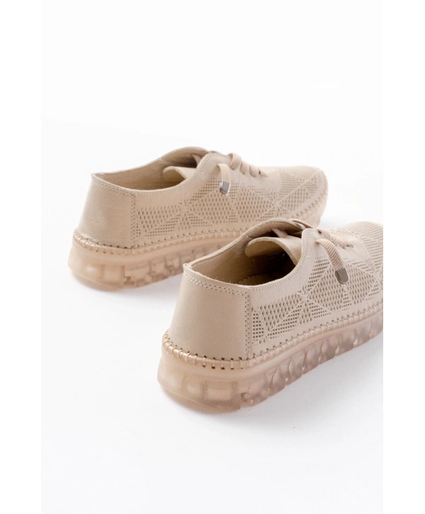 S-365  Bej Desenli Hakiki Deri Şeffaf Taban Kadın Spor Ayakkabı