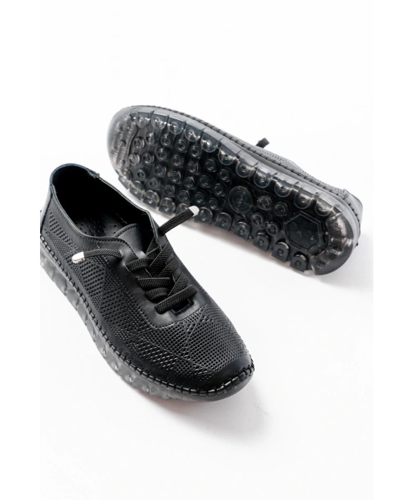 S-365  Siyah Desenli Hakiki Deri Şeffaf Taban Kadın Spor Ayakkabı