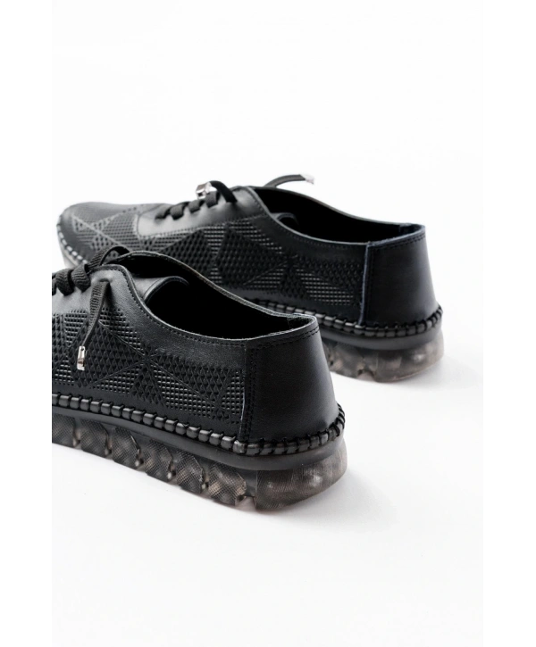 S-365  Siyah Desenli Hakiki Deri Şeffaf Taban Kadın Spor Ayakkabı