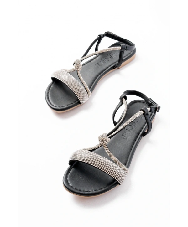 152-1104 Siyah Gümüş Taşlı Günlük Kadın Sandalet