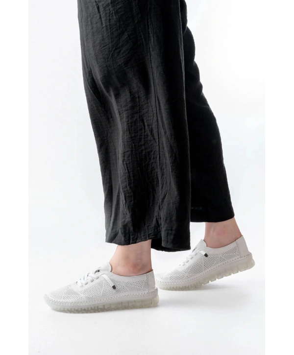 S-365  Beyaz Desenli Hakiki Deri Şeffaf Taban Kadın Spor Ayakkabı